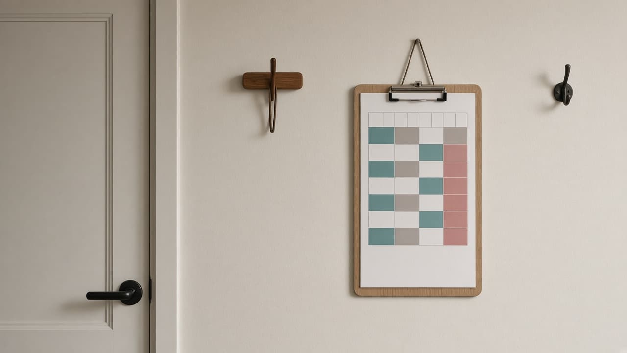 A weekly grid on a clipboard by a door